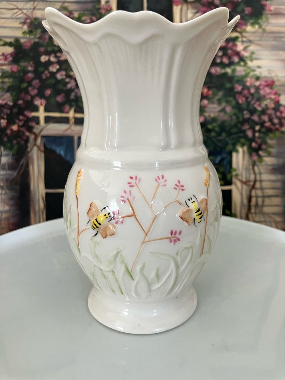 Antique Belleek Ireland White Ceramic Bee & Floral Vase